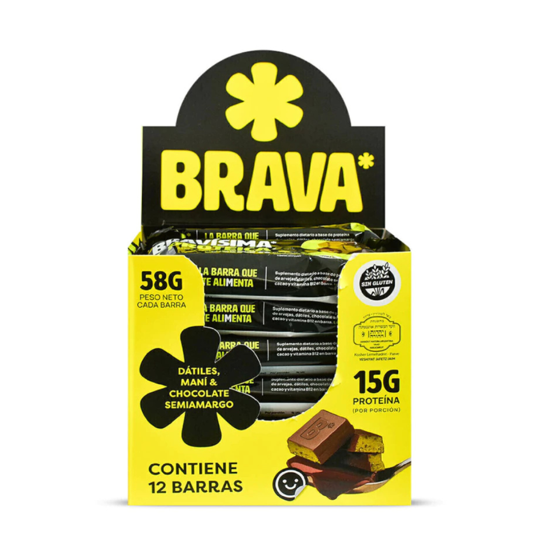 BRAVA BARRITA PROTEICA DATILES, MANI y CHOCOLATES CAJA X 12 UNIDADES