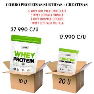 COMBO MAYORISTA CAJA 10 WHEY (VARIOS SABORES) +CREATINA STAR 300GR DOY PACK X 20