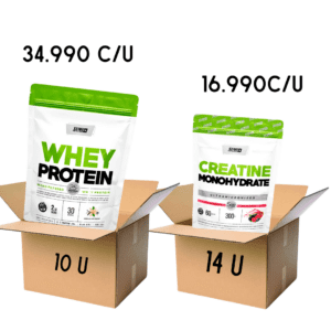 COMBO MAYORISTA PROTEINA CAJA X 10 U+ CAJA CREATINA FRUTOS ROJOS X 14 U
