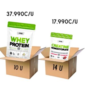 COMBO MAYORISTA PROTEINA CAJA X 10  U+ CAJA CREATINA FRUTOS ROJOS X 14 U