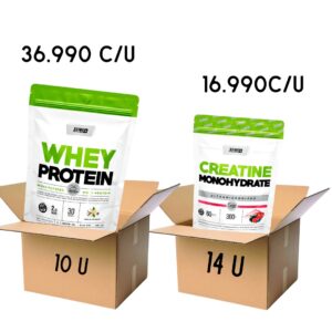 COMBO MAYORISTA PROTEINA CAJA X 10  U+ CAJA CREATINA FRUTOS ROJOS X 14 U